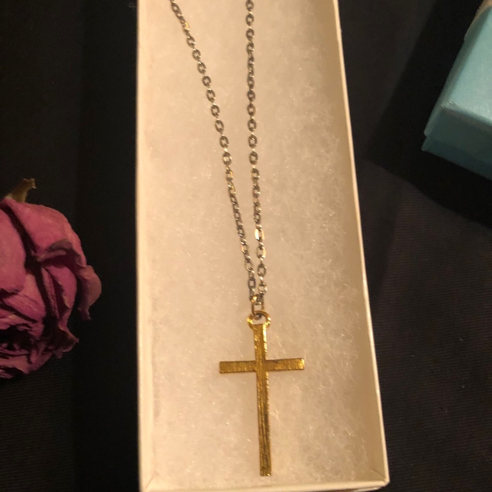 Gold-Tone Cross Necklace with Silver-Tone Chain